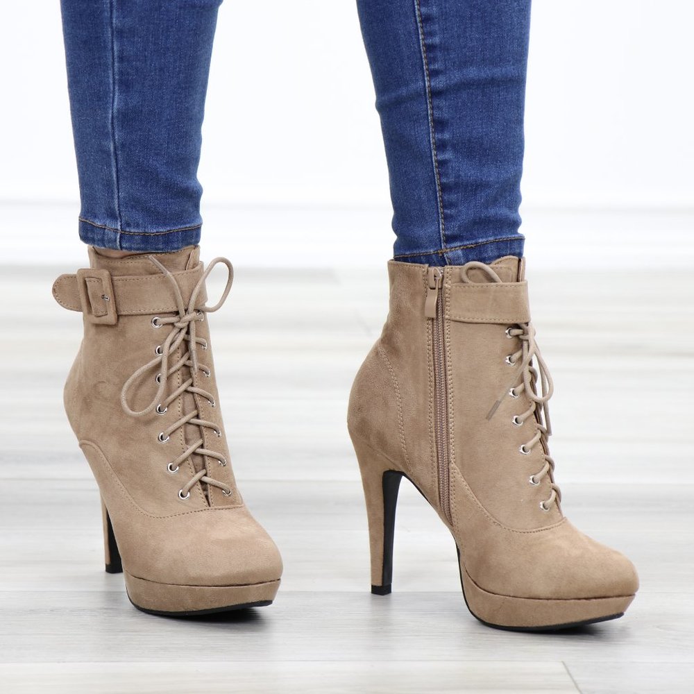 Tan Faux Suede Heel Lace-Up Ankle Booties - Picture 7 of 14